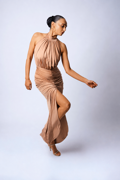 SELENE Backless & Bra Friendly Maxi Halter Dress | Gold