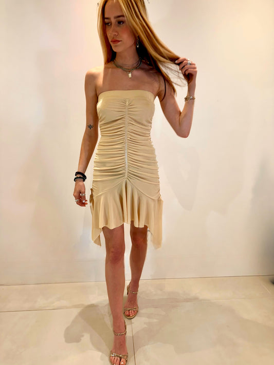 ‘Ruch & Ribbon’ Butter Yellow Bandeau short dress